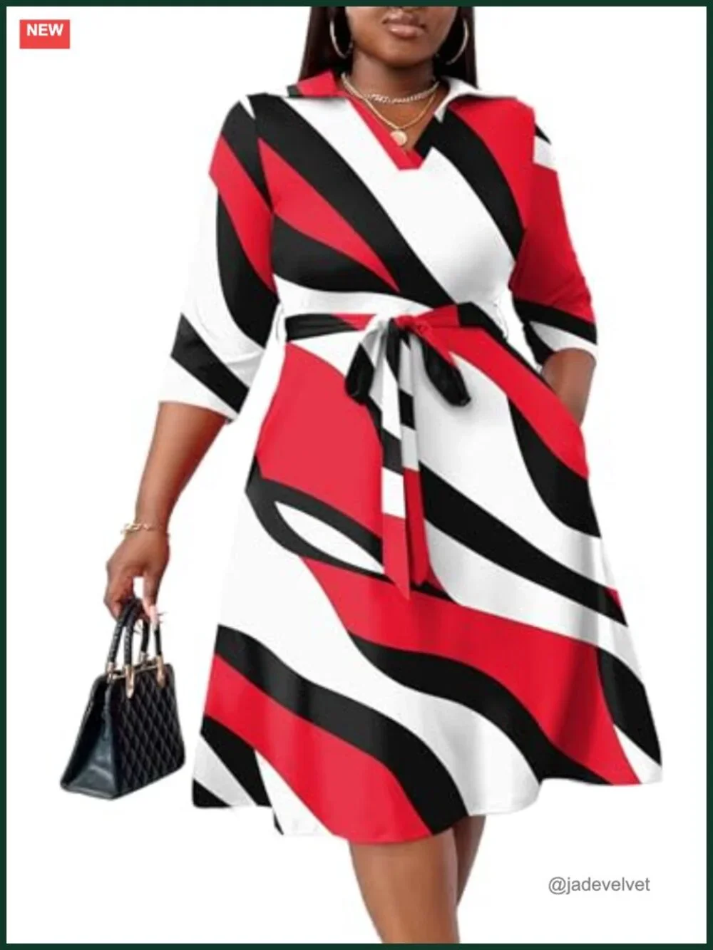 Plus Size Midi Dress with Pockets and Belt African Print Flutter Sleeve